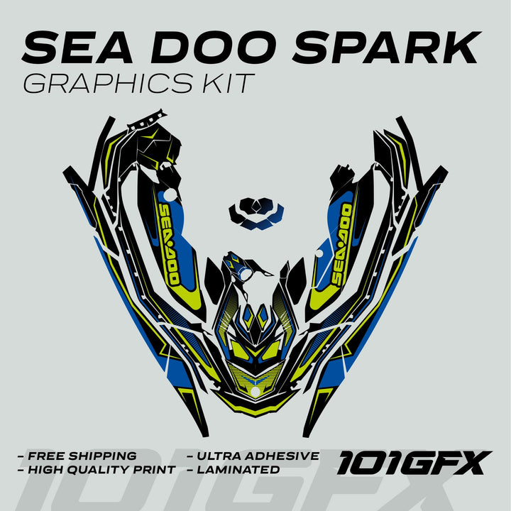 Sea Doo Spark Graphics Kit RACE LINE Blue Green mock-up, featuring electric blue, lime-green, and black decals, highlighting durability and easy application for Sea Doo customization.