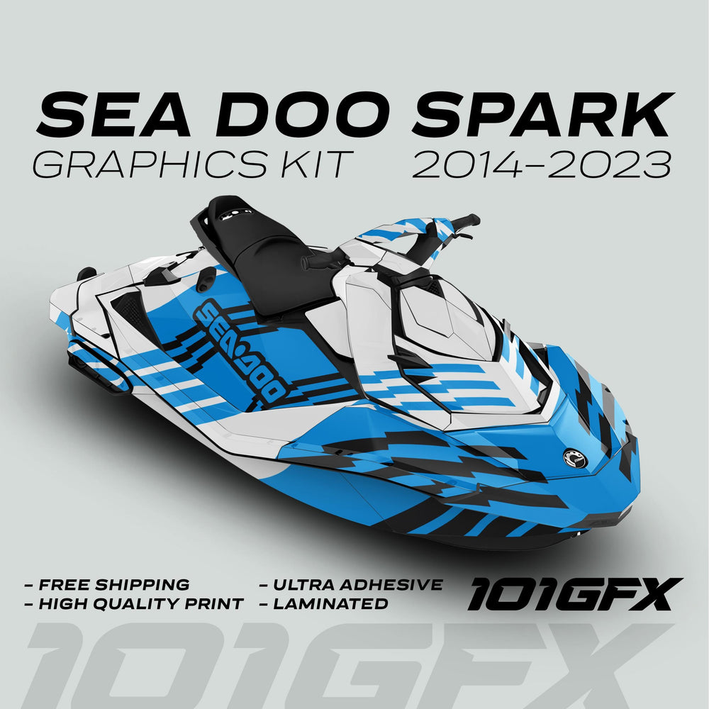 Sea Doo Spark Graphics Kit FAST WHITE CYAN on watercraft, featuring custom vinyl design with high-quality, laminated adhesive for easy application and vibrant visual enhancement.