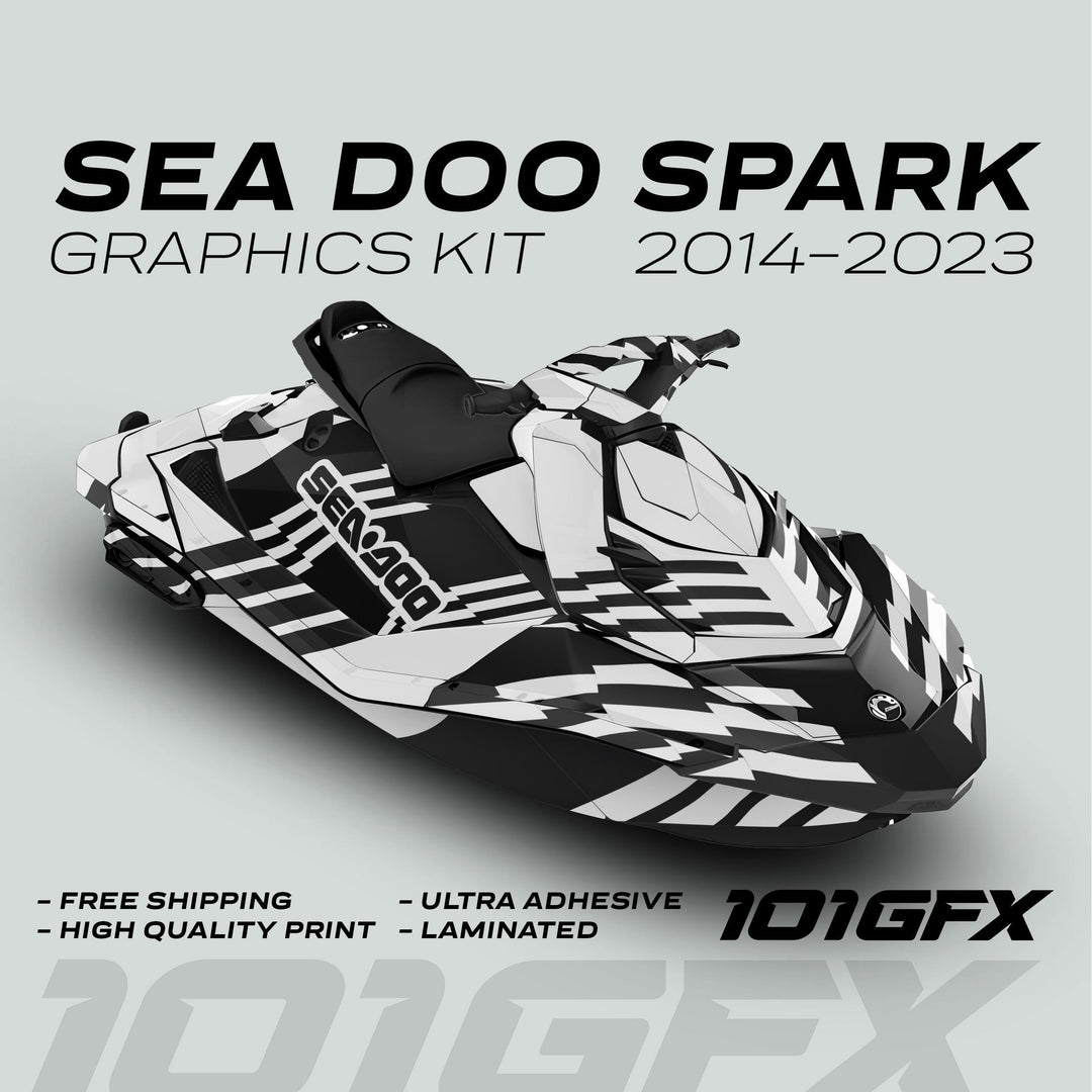 Sea-Doo Spark with FAST WHITE BLACK graphics kit, showcasing high-contrast black-and-white vinyl decals; features include free shipping, high-quality print, ultra adhesive, and lamination.