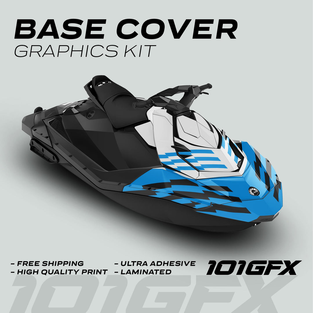 Sea Doo Spark Graphics Kit FAST WHITE CYAN, featuring bold blue-and-black striping, offers high-quality, ultra-adhesive decals for a sleek, custom watercraft look.