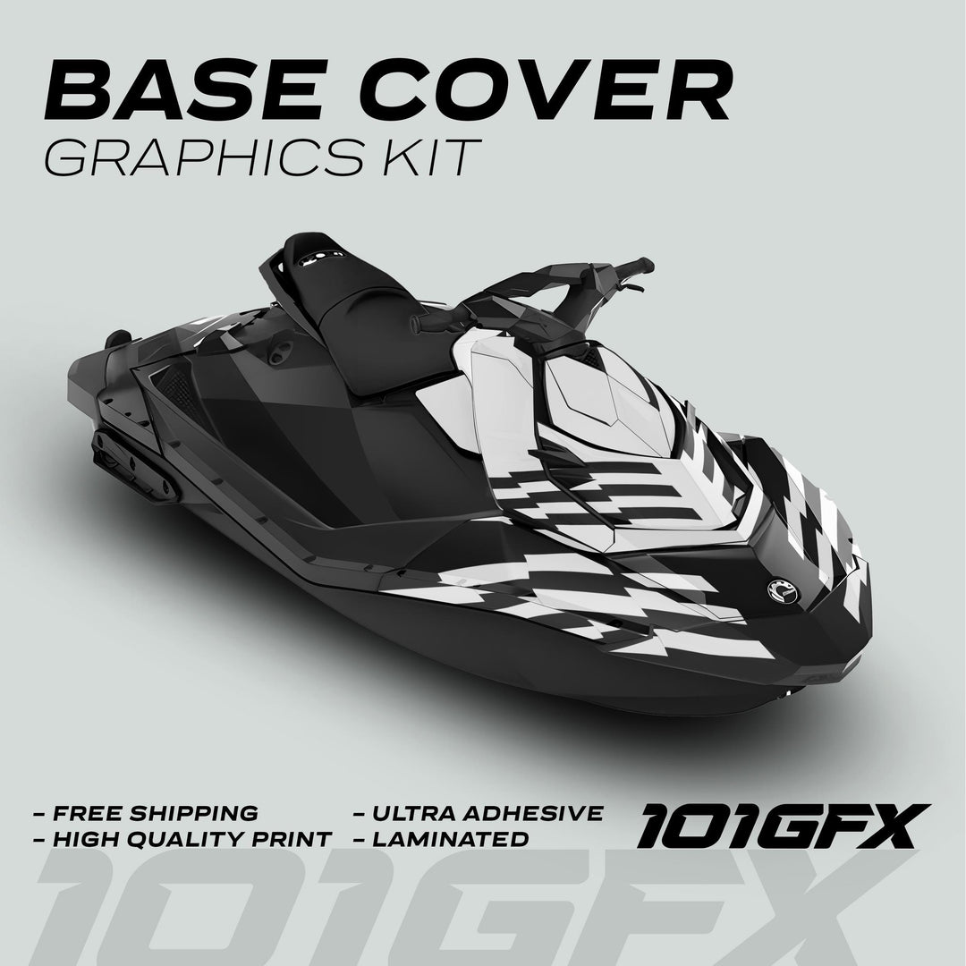 Sea Doo Spark Graphics kit FAST WHITE BLACK on a jet ski with sharp vinyl decals, showcasing features like free shipping, high-quality print, and ultra adhesive.
