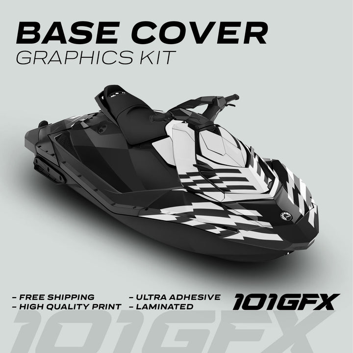 Sea Doo Spark Graphics kit FAST WHITE BLACK on a jet ski with sharp vinyl decals, showcasing features like free shipping, high-quality print, and ultra adhesive.