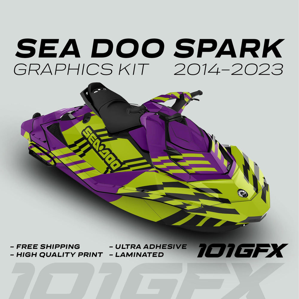 Sea Doo Spark Graphics Kit FAST PURPLE GREEN, featuring bold vinyl design, free shipping, high-quality print, ultra adhesive, and laminated finish, branding 101GFX visible.