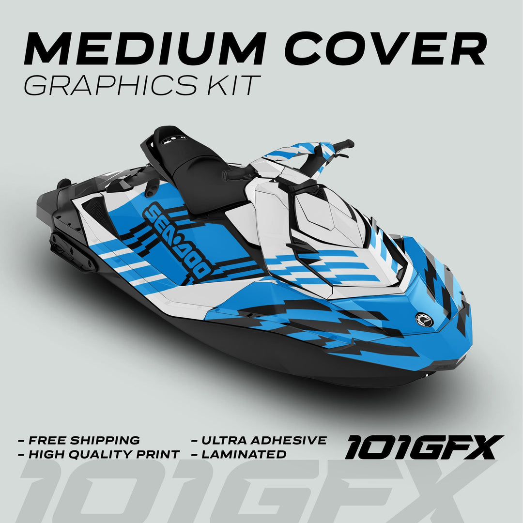 Sea Doo Spark Graphics Kit FAST WHITE CYAN on jet ski, featuring geometric stripe design. Highlights include free shipping, high-quality print, ultra-adhesive, and laminated finish.