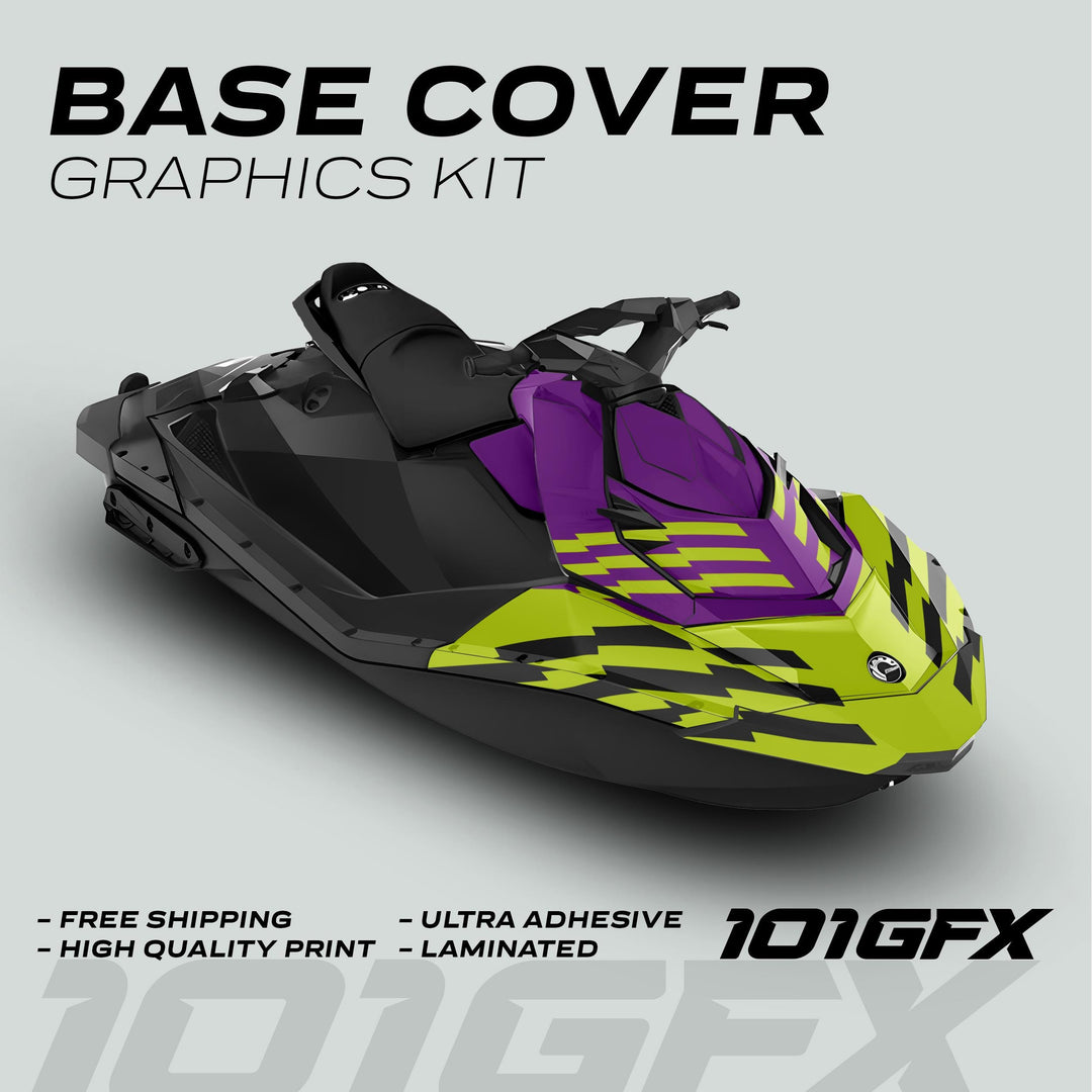 Sea Doo Spark Graphics Kit FAST PURPLE GREEN showcasing black, purple, and neon-lime design, highlighting “FREE SHIPPING,” “HIGH QUALITY PRINT,” “ULTRA ADHESIVE,” and “LAMINATED.”