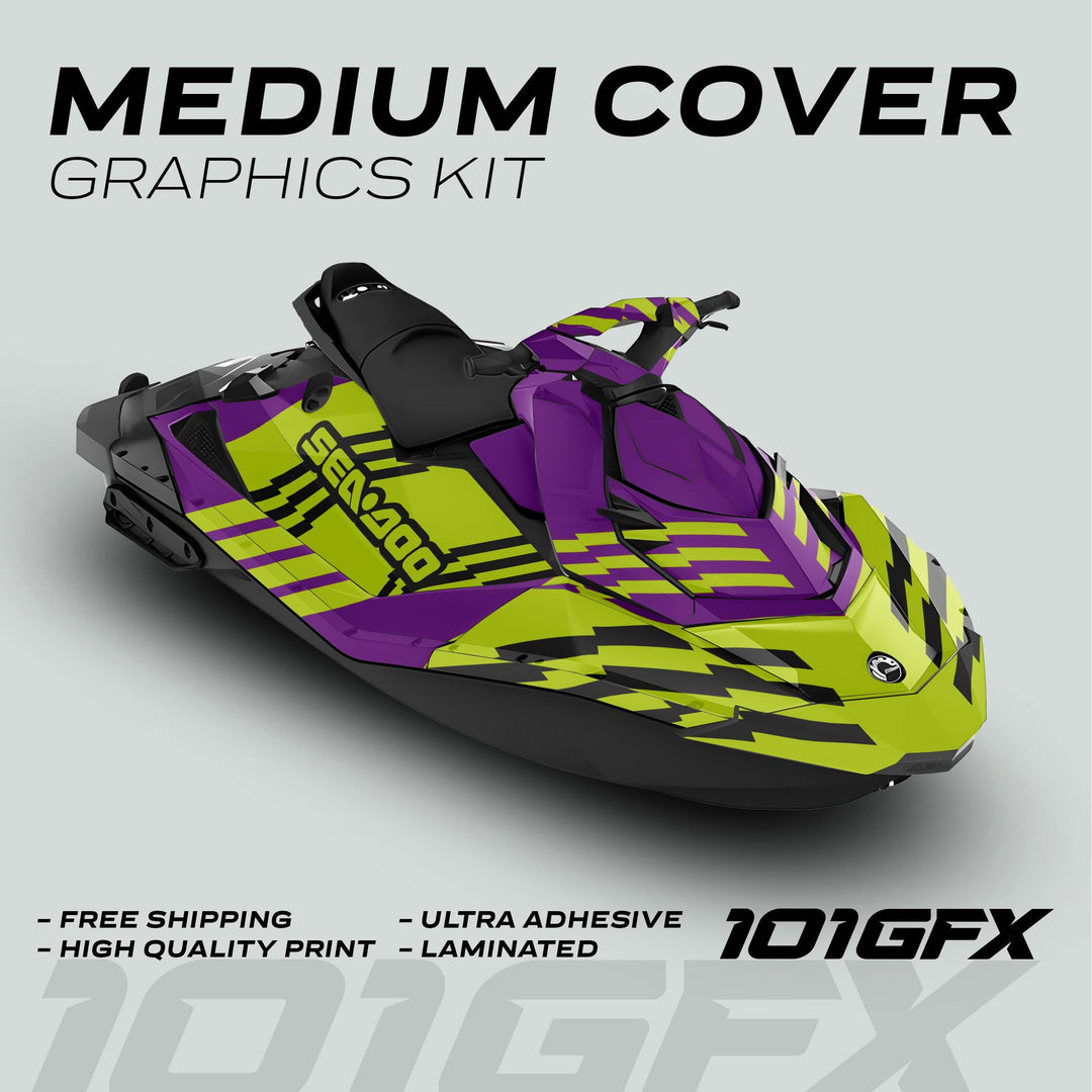 Sea Doo Spark Graphics Kit FAST PURPLE GREEN displayed on jet ski, featuring vibrant vinyl design and advertising features like free shipping and ultra adhesive.