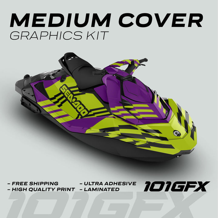 Sea Doo Spark Graphics Kit FAST PURPLE GREEN displayed on jet ski, featuring vibrant vinyl design and advertising features like free shipping and ultra adhesive.