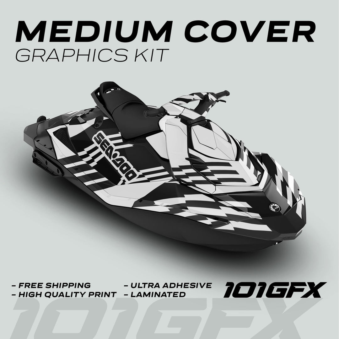 Sea Doo Spark Graphics kit FAST WHITE BLACK on a jet ski, showcasing black-and-white geometric design with features like high quality print, ultra adhesive, and laminated finish.