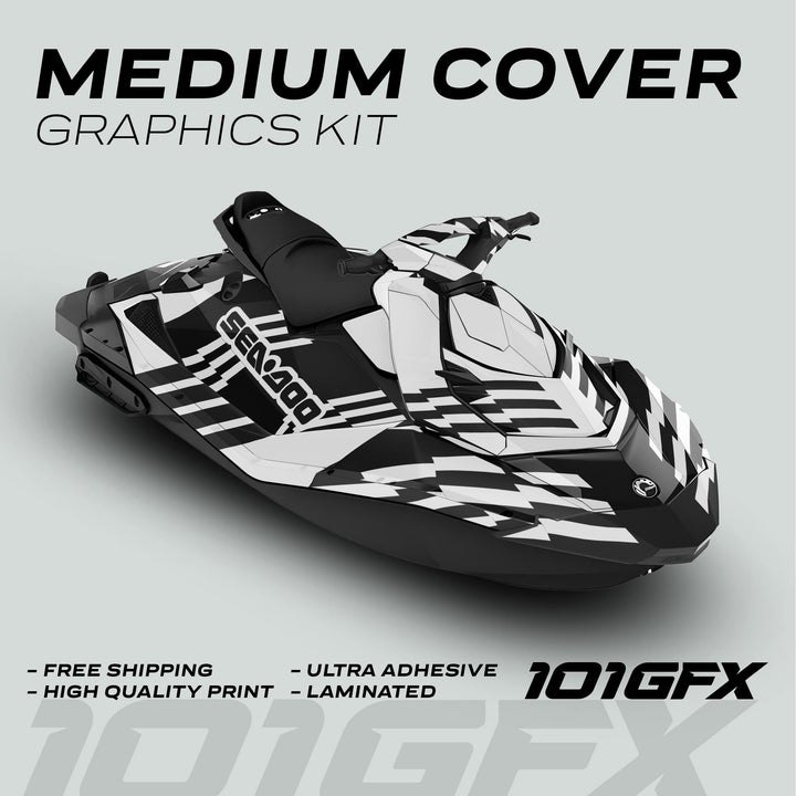 Sea Doo Spark Graphics kit FAST WHITE BLACK on a jet ski, showcasing black-and-white geometric design with features like high quality print, ultra adhesive, and laminated finish.