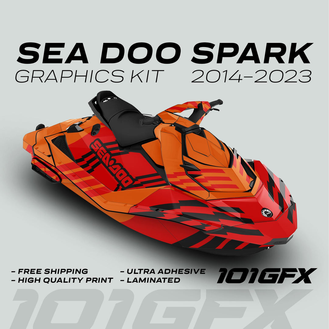 Sea Doo Spark Graphics Kit FAST ORANGE RED displayed on watercraft, showcasing bold, angular vinyl graphics; highlights include free shipping, high-quality print, ultra adhesive, laminated.