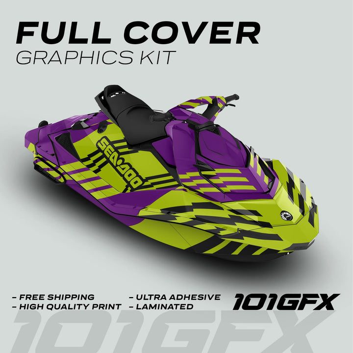 Sea Doo Spark Graphics Kit FAST PURPLE GREEN, featuring vibrant decals, high-quality adhesive, weather-resistant, custom-designed for Sea Doo Spark models, includes all pieces for complete coverage.
