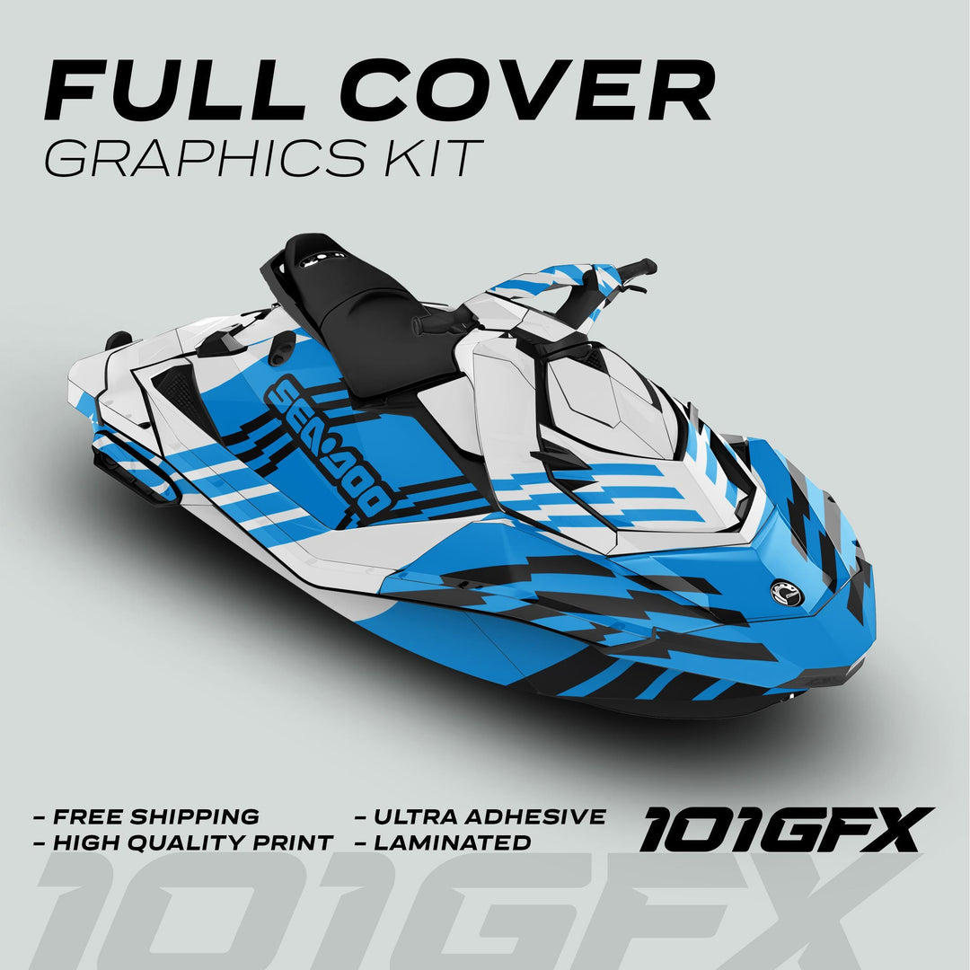 Sea Doo Spark Graphics Kit FAST WHITE CYAN on jet ski, showcasing custom blue, white, black stripes with features: Free shipping, High quality, Ultra adhesive, Laminated.