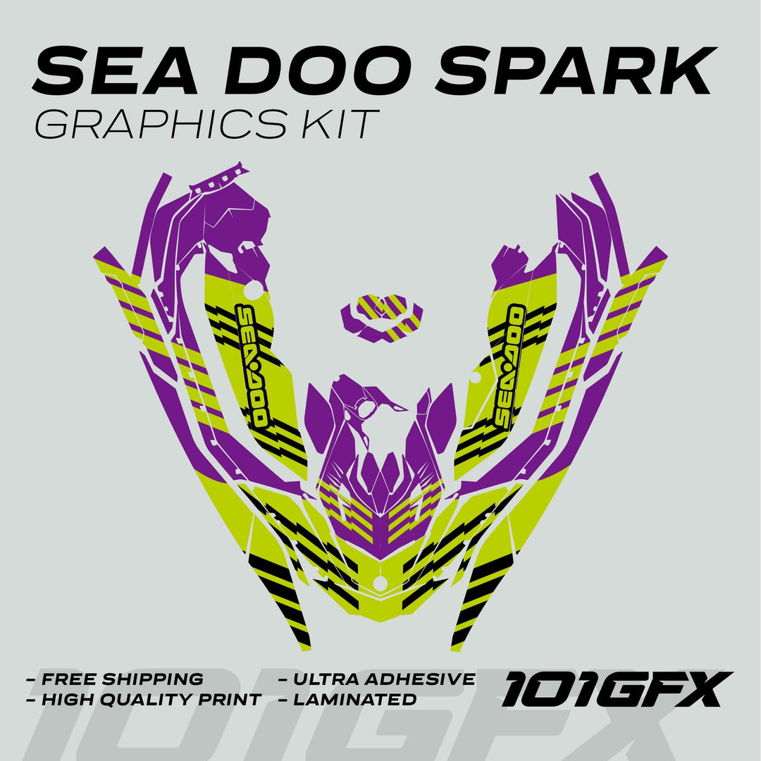 Sea-Doo Spark Graphics Kit FAST PURPLE GREEN with neon stripe design, high-quality laminated vinyl, ultra-adhesive for durability, includes complete makeover pieces.