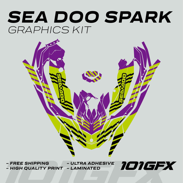 Sea-Doo Spark Graphics Kit FAST PURPLE GREEN with neon stripe design, high-quality laminated vinyl, ultra-adhesive for durability, includes complete makeover pieces.