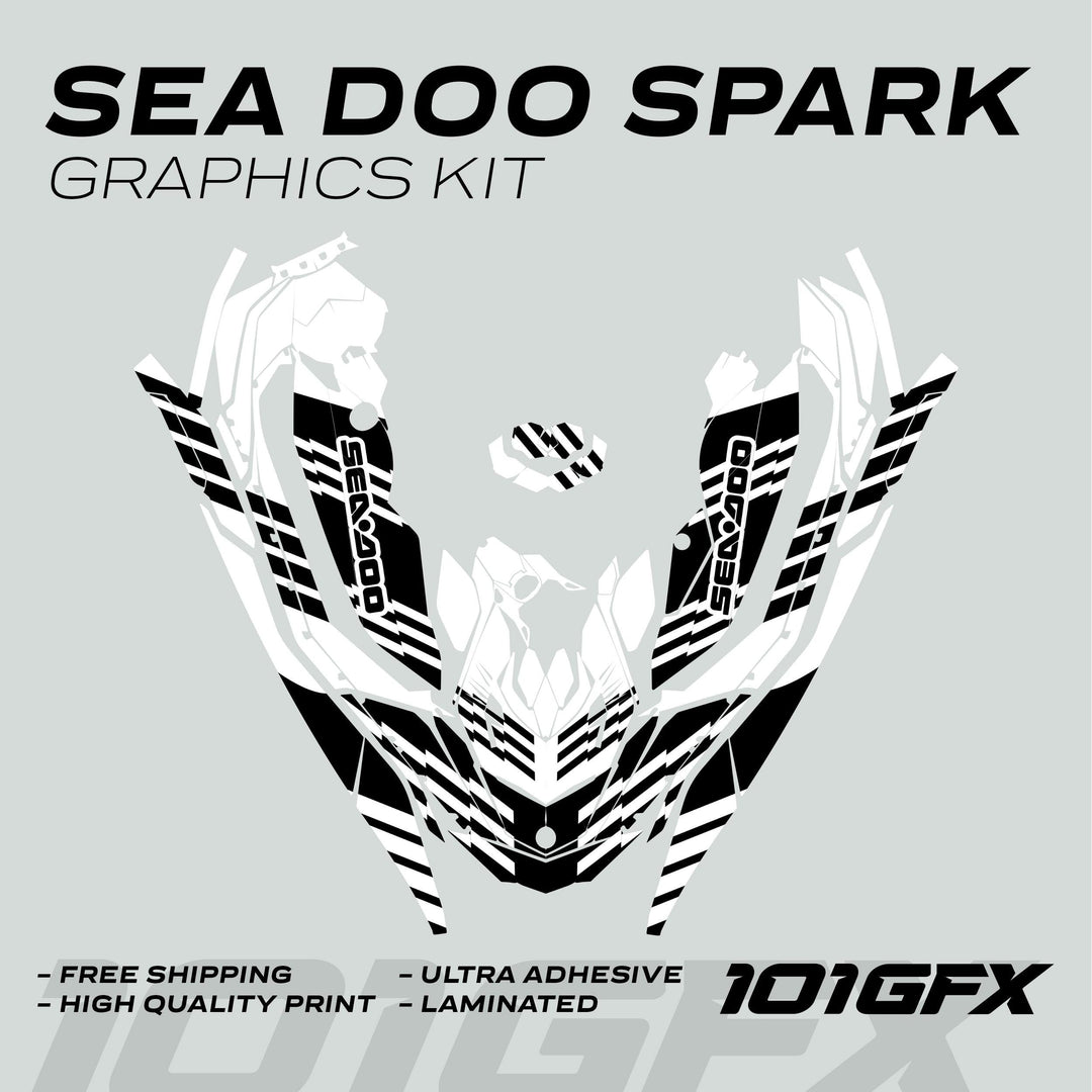 Sea Doo Spark Graphics kit FAST WHITE BLACK; features black-and-white decals, durable, ultra-adhesive, laminated, with free shipping, high-quality print, enhancing Sea-Doo Spark appearance.