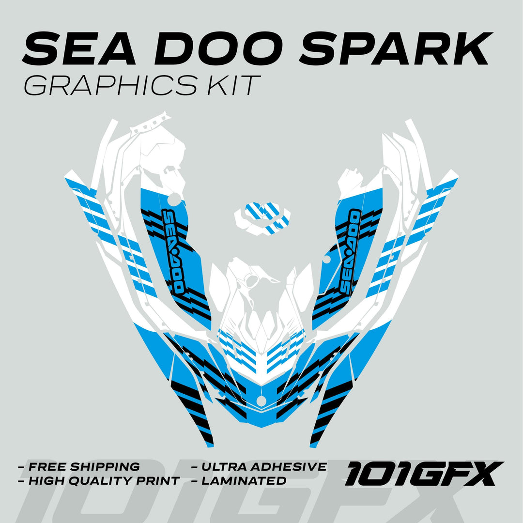 Sea Doo Spark Graphics Kit FAST WHITE CYAN featuring cut-out vinyl panels with stripes, logos, and accents for easy application and vibrant, custom fit.