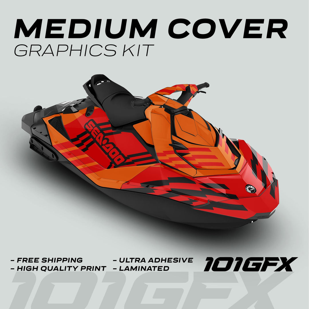 Sea Doo Spark Graphics Kit FAST ORANGE RED showcasing a vibrant red, orange, and black decal design with features like easy installation and ultra-adhesive vinyl.