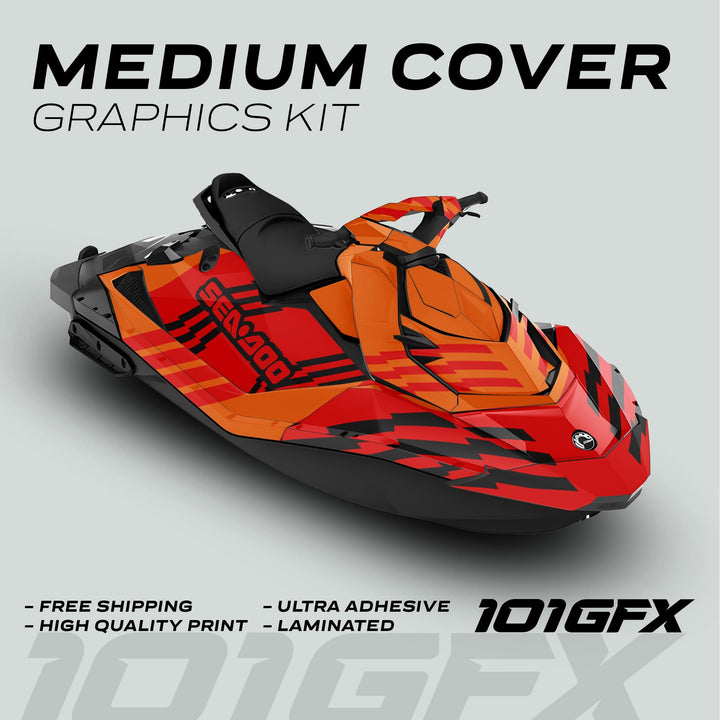 Sea Doo Spark Graphics Kit FAST ORANGE RED showcasing a vibrant red, orange, and black decal design with features like easy installation and ultra-adhesive vinyl.