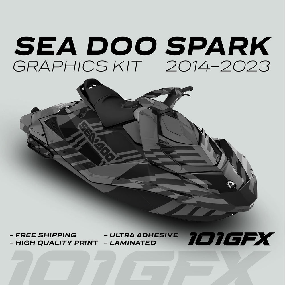 Sea Doo Spark Graphics Kit FAST GREY BLACK features a camo-style wrap on jet ski hull, highlighting custom fit, durability, and easy application with 101GFX branding.