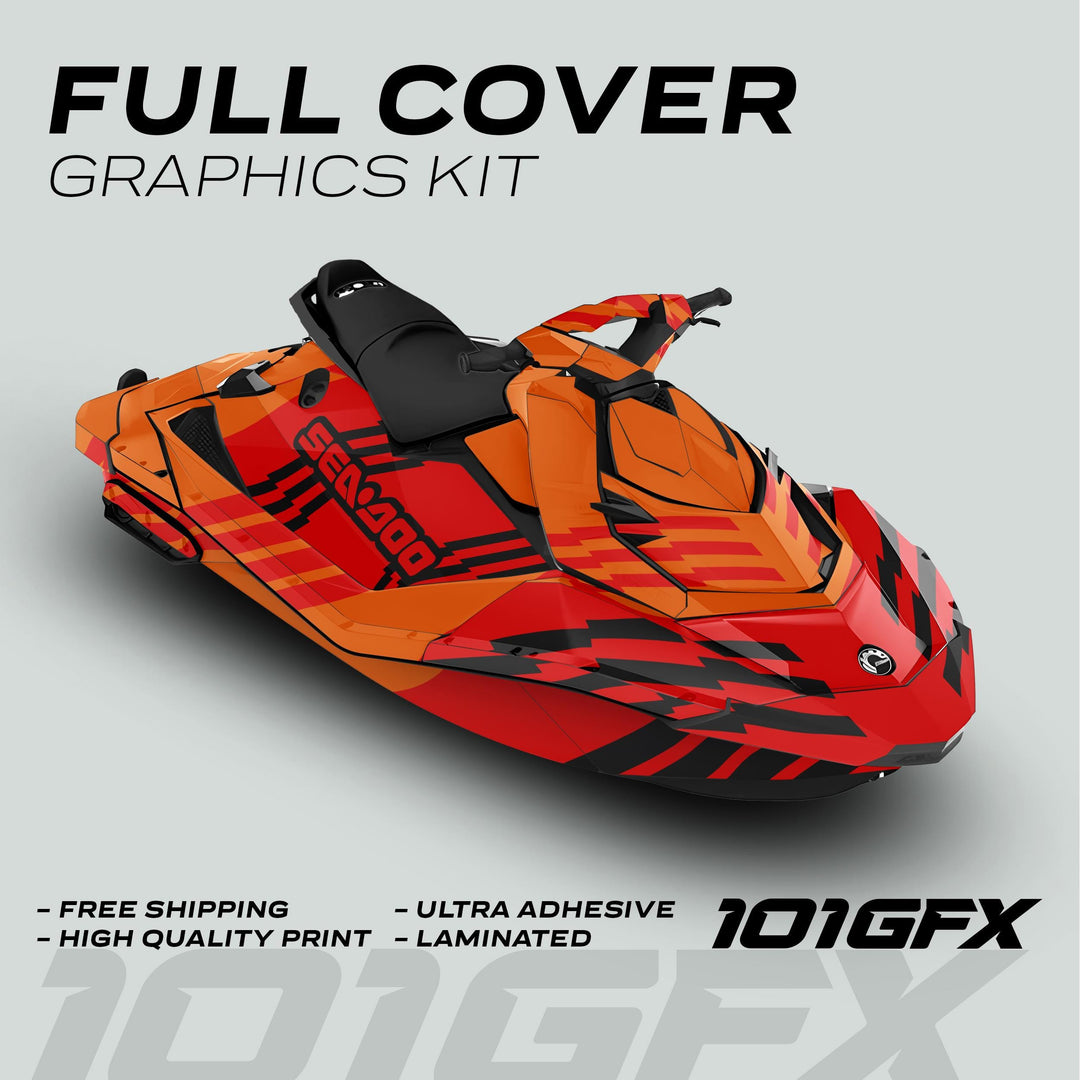 Sea Doo Spark Graphics Kit FAST ORANGE RED on jet ski, featuring bold orange-red design with black accents, highlighting free shipping, high-quality, ultra-adhesive, and laminated features.