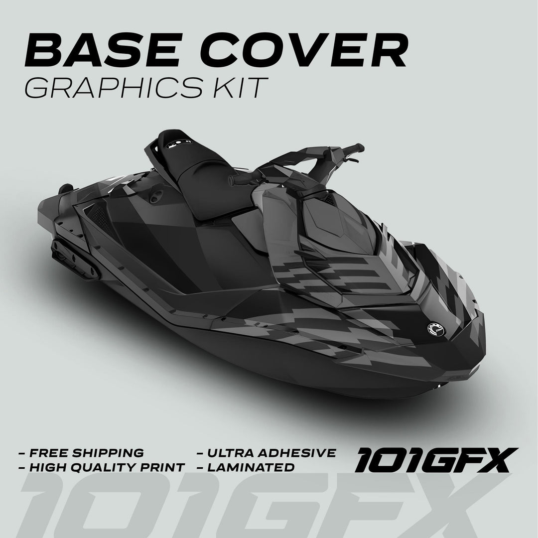 Sea Doo Spark Graphics Kit FAST GREY BLACK on a jet ski with dark gray camouflage graphics. Highlights include free shipping, ultra adhesive, and high-quality print.
