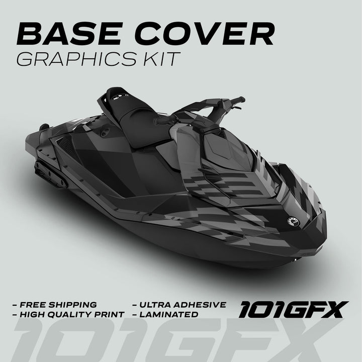 Sea Doo Spark Graphics Kit FAST GREY BLACK on a jet ski with dark gray camouflage graphics. Highlights include free shipping, ultra adhesive, and high-quality print.