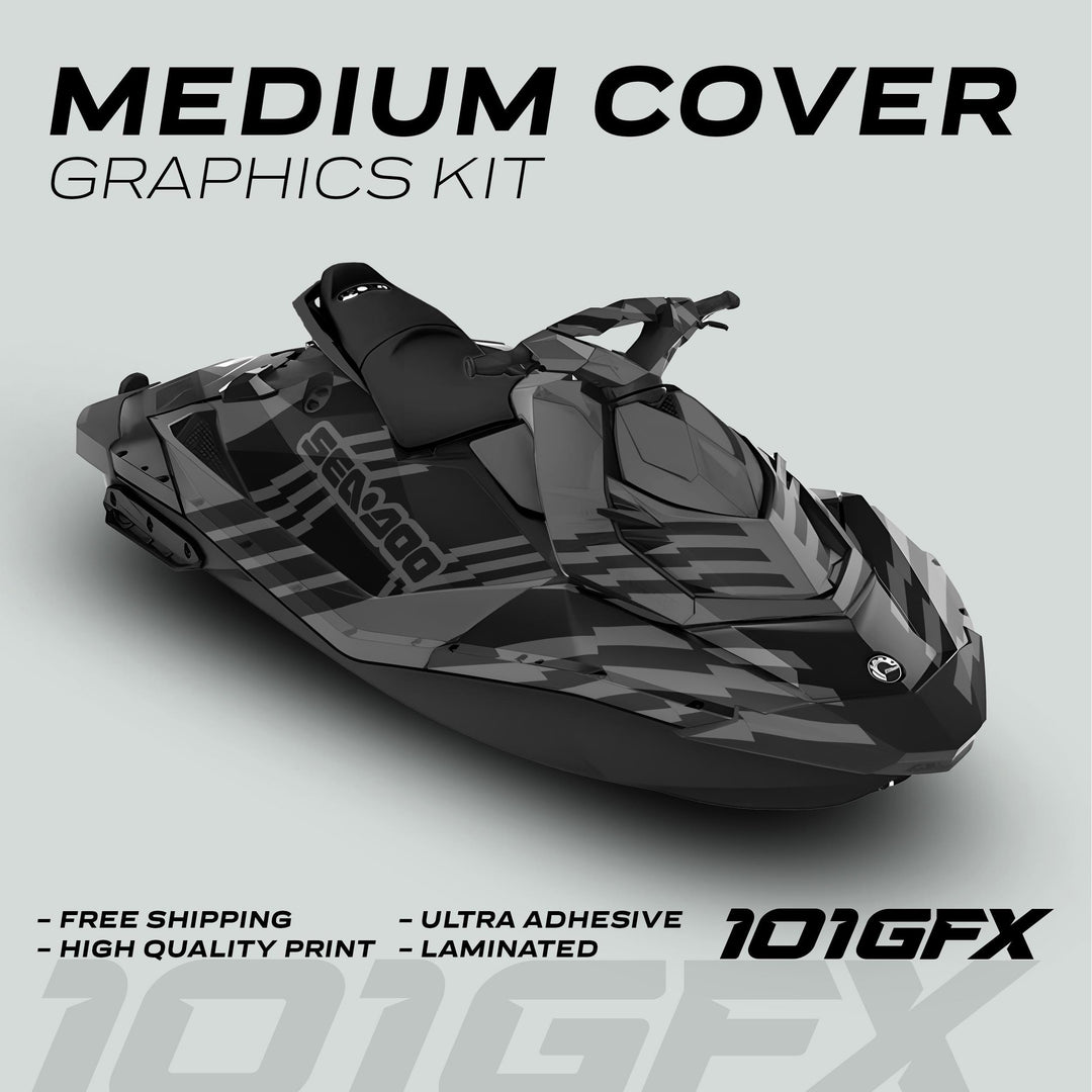 Sea Doo Spark Graphics Kit FAST GREY BLACK on jet-ski, featuring a gray-and-black geometric design, highlights include ultra-adhesive material, laminated finish, and free shipping.