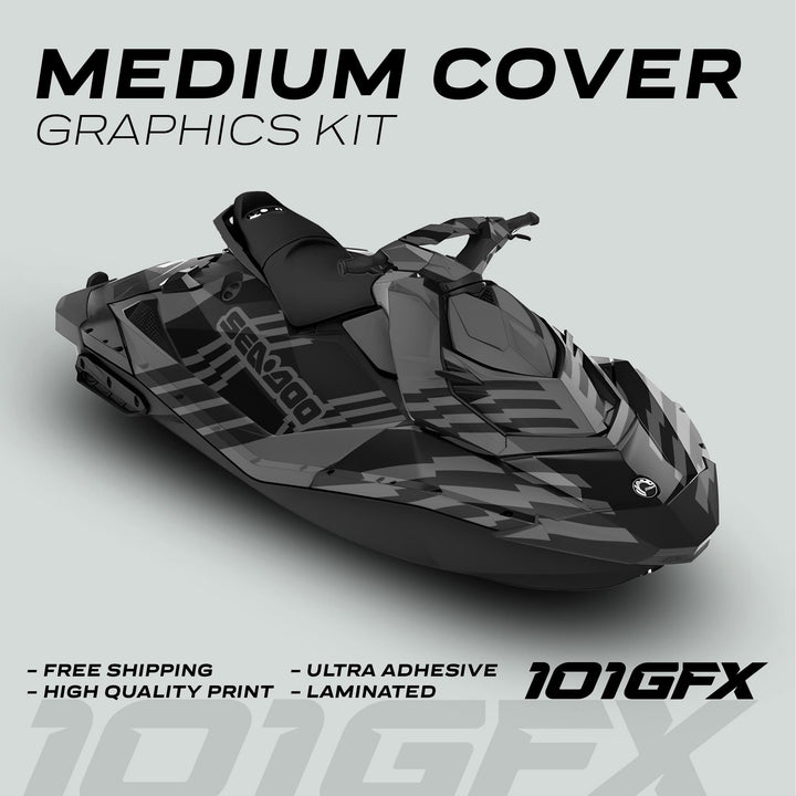 Sea Doo Spark Graphics Kit FAST GREY BLACK on jet-ski, featuring a gray-and-black geometric design, highlights include ultra-adhesive material, laminated finish, and free shipping.