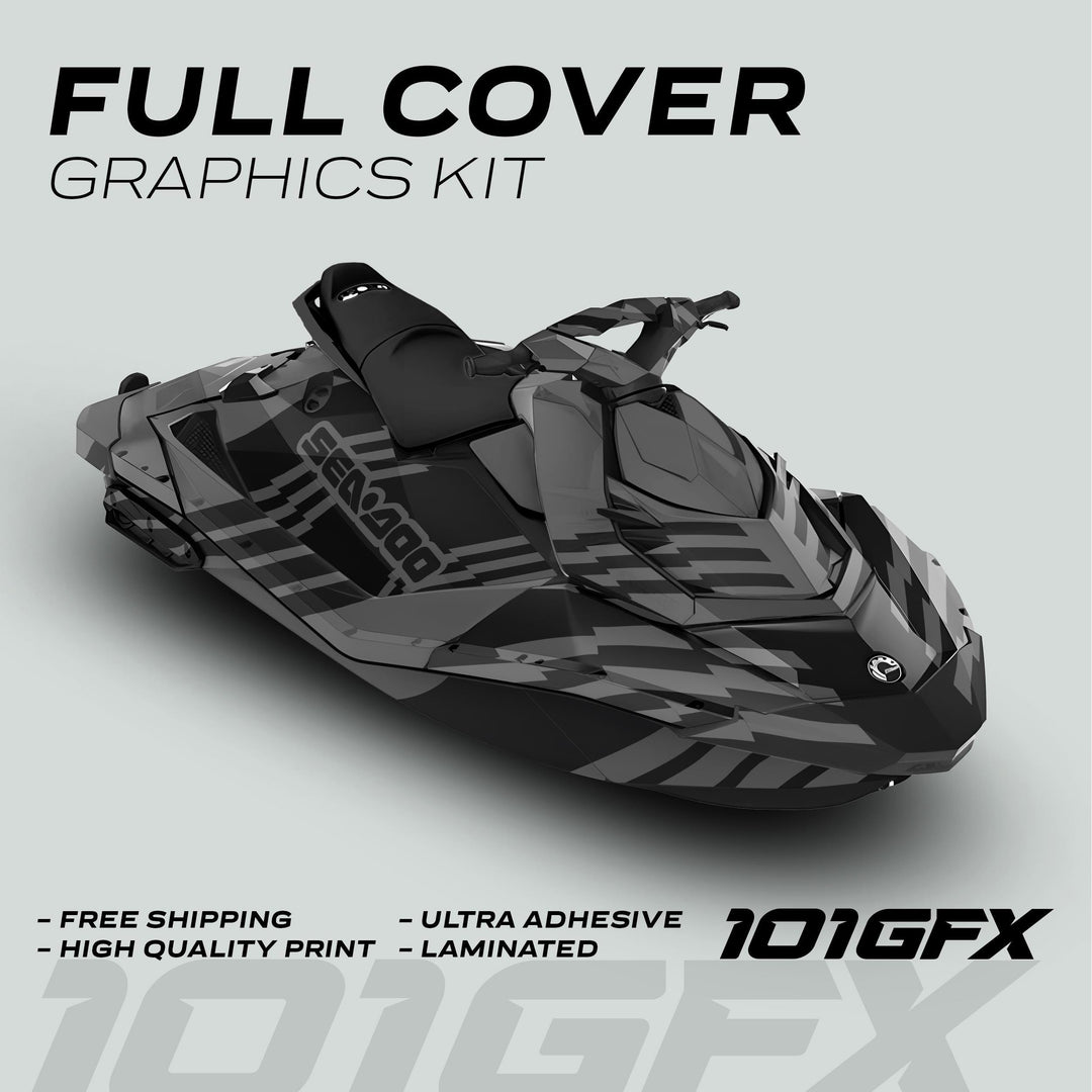 Sea Doo Spark Graphics Kit FAST GREY BLACK on jet ski, showcasing angular dark gray/black wrap, free shipping, high-quality print, ultra-adhesive, laminated finish, 101GFX branding.