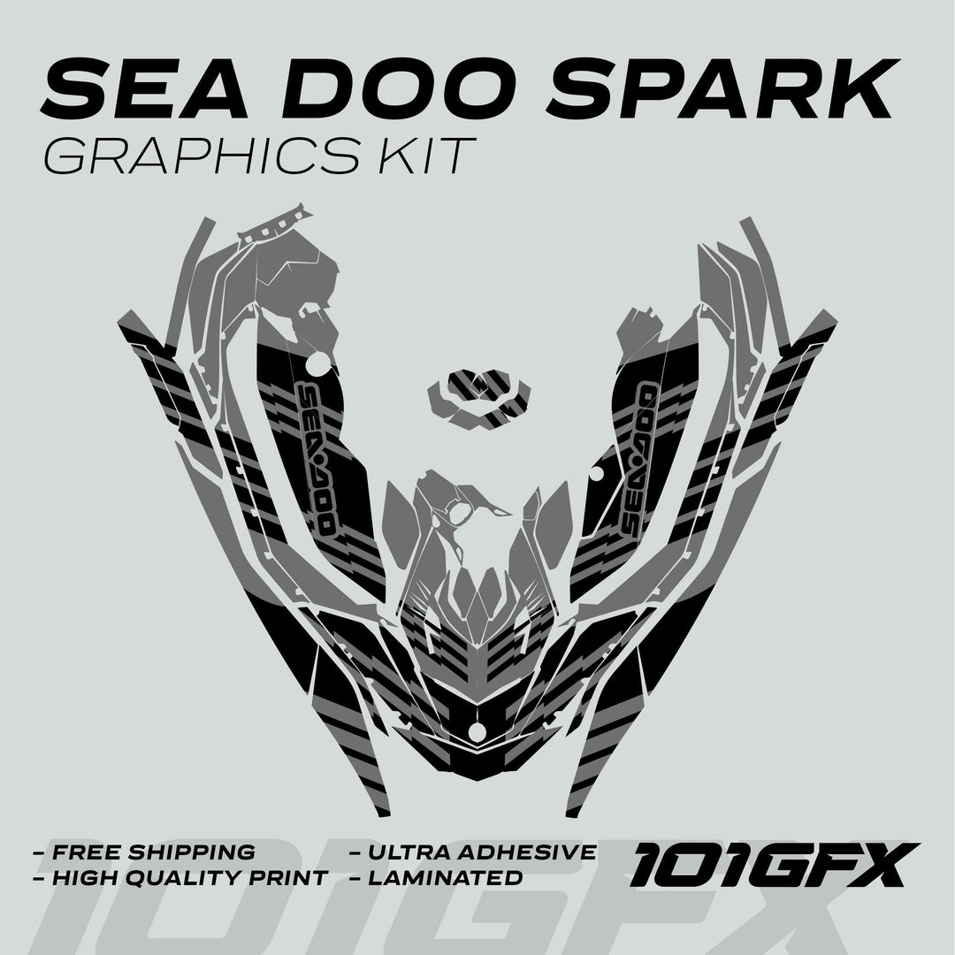 Sea Doo Spark Graphics Kit FAST GREY BLACK decals, arranged flat, showcasing hood, side panels, and trim pieces with features like free shipping and high quality.