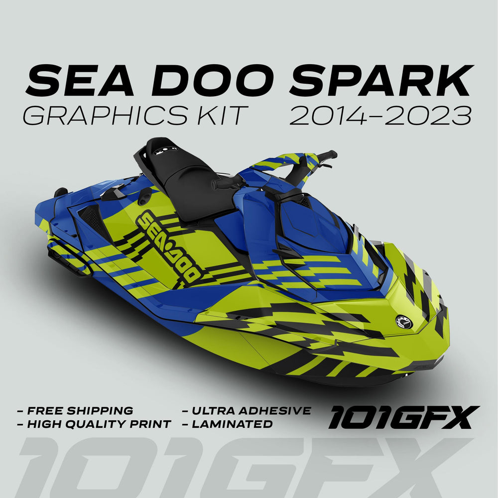 Sea Doo Spark Graphics Kit FAST BLUE GREEN, featuring a bold blue and neon-green design with black accents, highlights customization and protection for Sea Doo Spark models.