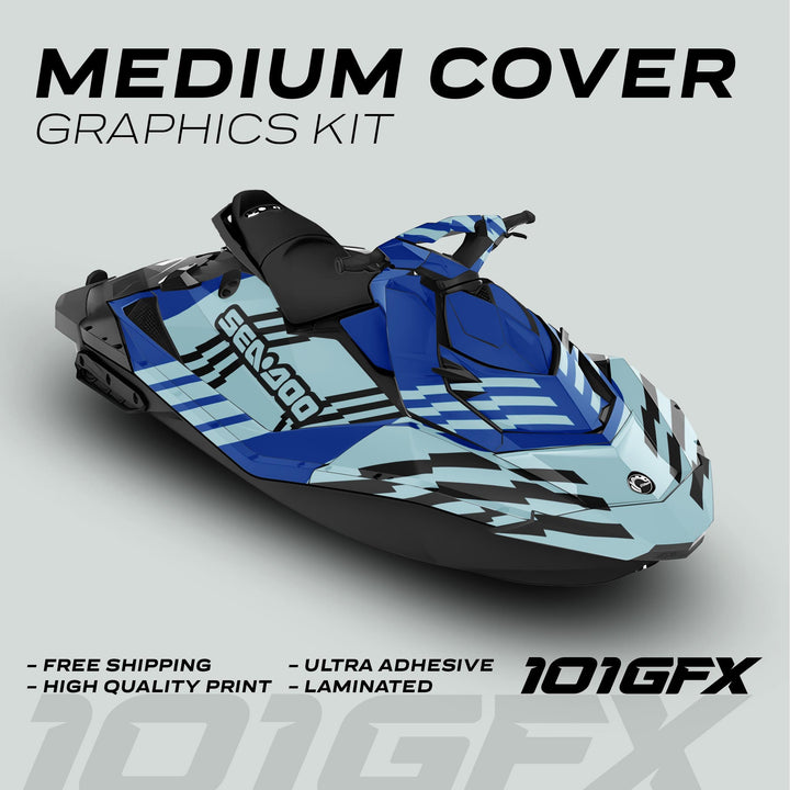 Sea-Doo Spark Graphics Kit FAST BLUE MILKY, featuring custom blue-black geometric decals, high-quality print, ultra adhesive, laminated finish, and free shipping promotion.
