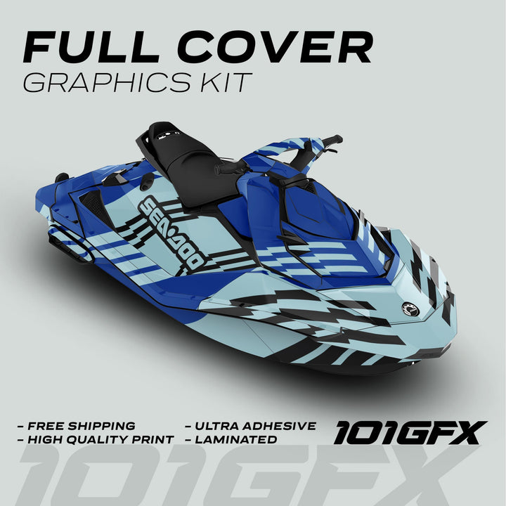 Sea Doo Spark Graphics Kit FAST BLUE MILKY, featuring a blue-black geometric design. Highlights: free shipping, high quality, ultra adhesive, laminated.