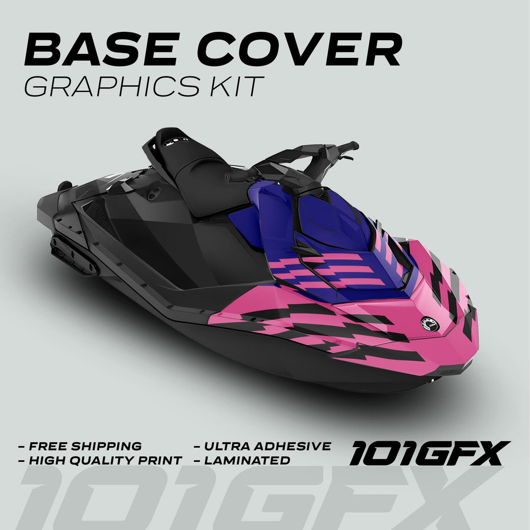 Sea Doo Spark Graphics Kit FAST BLAUER PINK on jet-ski with black hull, pink lightning stripes, blue cockpit accents; highlights include free shipping, high-quality print, ultra adhesive, and laminated features.