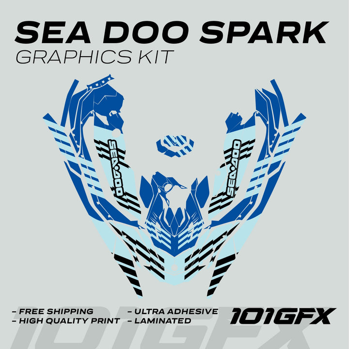 Sea Doo Spark Graphics Kit FAST BLUE MILKY showcasing adhesive decals with striped design, highlighting features like free shipping, high-quality print, ultra adhesive, and laminated finish.