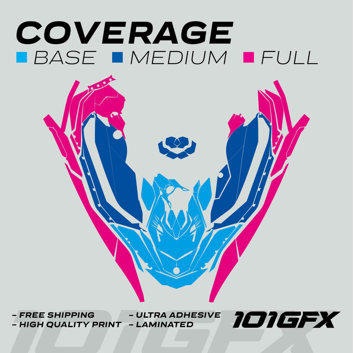 Sea Doo Spark Graphics Kit FAST BLUE ORANGE diagram shows coverage options with color-coded legend and highlights features like free shipping, high-quality print, and ultra adhesive.