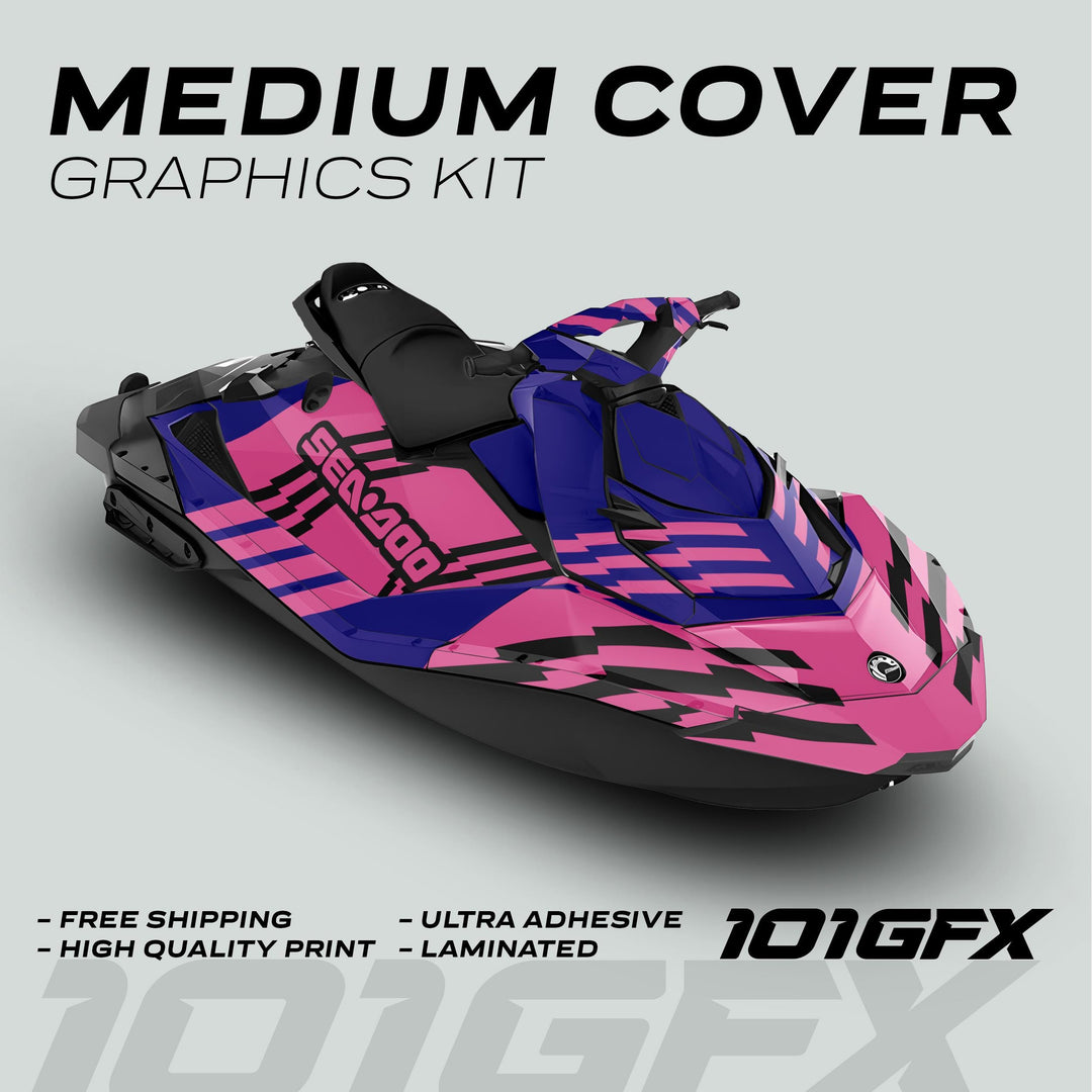 Sea Doo Spark Graphics Kit FAST BLAUER PINK on a jet-ski, featuring bold designs with MEDIUM COVER GRAPHICS KIT, highlighting free shipping, quality print, adhesive, laminated by 101GFX.