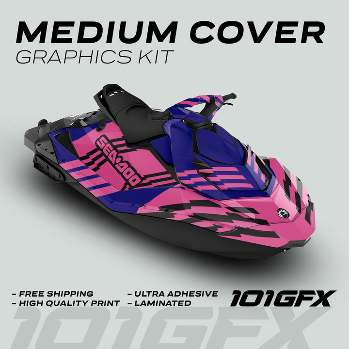 Sea Doo Spark Graphics Kit FAST BLAUER PINK on a jet-ski, featuring bold designs with MEDIUM COVER GRAPHICS KIT, highlighting free shipping, quality print, adhesive, laminated by 101GFX.
