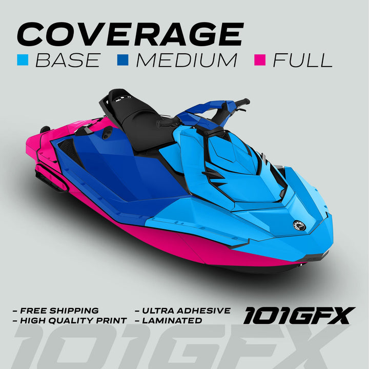 Sea Doo Spark Graphics Kit FAST BLUE MILKY in a mockup showing three color coverage options, emphasizing vinyl durability, easy installation, and custom fit for personalization.