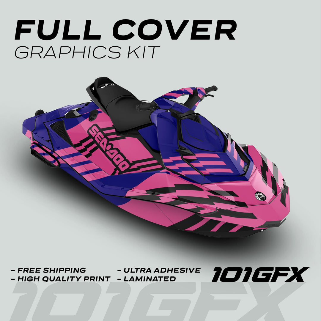 Sea Doo Spark Graphics Kit FAST BLAUER PINK on jet ski, showcasing vibrant pink and purple wrap with black geometric accents, emphasizing customization and durability.