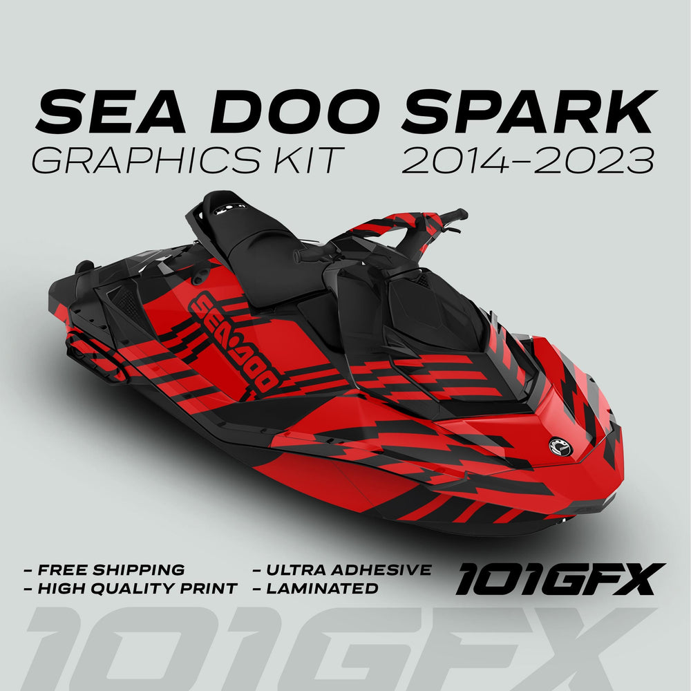 Sea Doo Spark Graphics Kit FAST BLACK RED displayed on a watercraft, showcasing vibrant red-and-black design, high-quality print, and free shipping feature.
