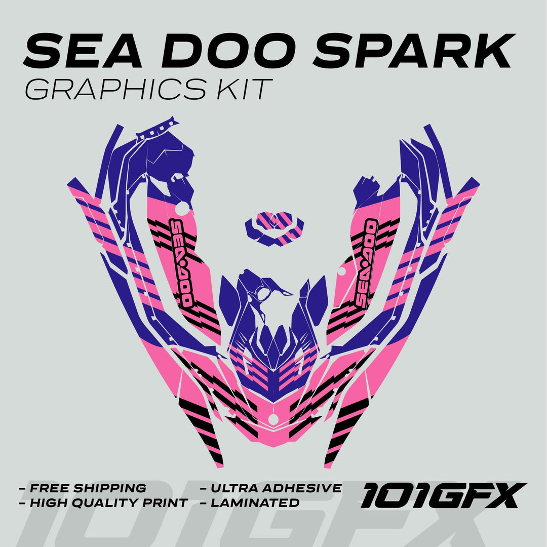 Sea Doo Spark Graphics Kit FAST BLAUER PINK mock-up with pink, purple, and black stripes, highlighting high-quality, ultra-adhesive vinyl decals, branded by 101GFX.