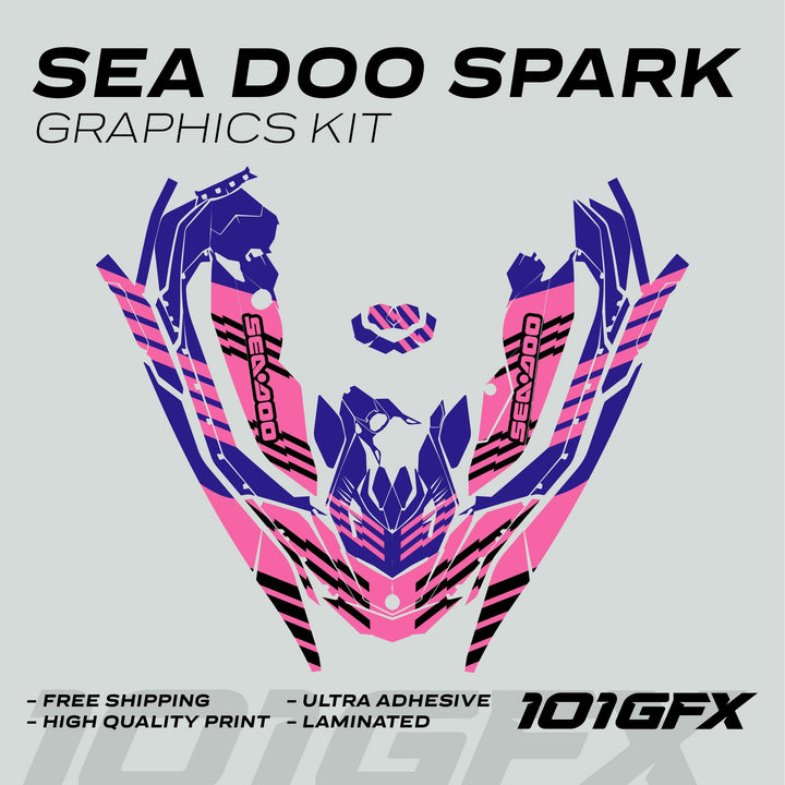 Sea Doo Spark Graphics Kit FAST BLAUER PINK mock-up with pink, purple, and black stripes, highlighting high-quality, ultra-adhesive vinyl decals, branded by 101GFX.