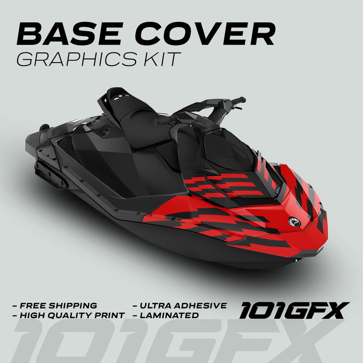 Sea Doo Spark Graphics Kit FAST BLACK RED featuring red-and-black angular decals on a matte black jet ski, with highlights on quality and durability.