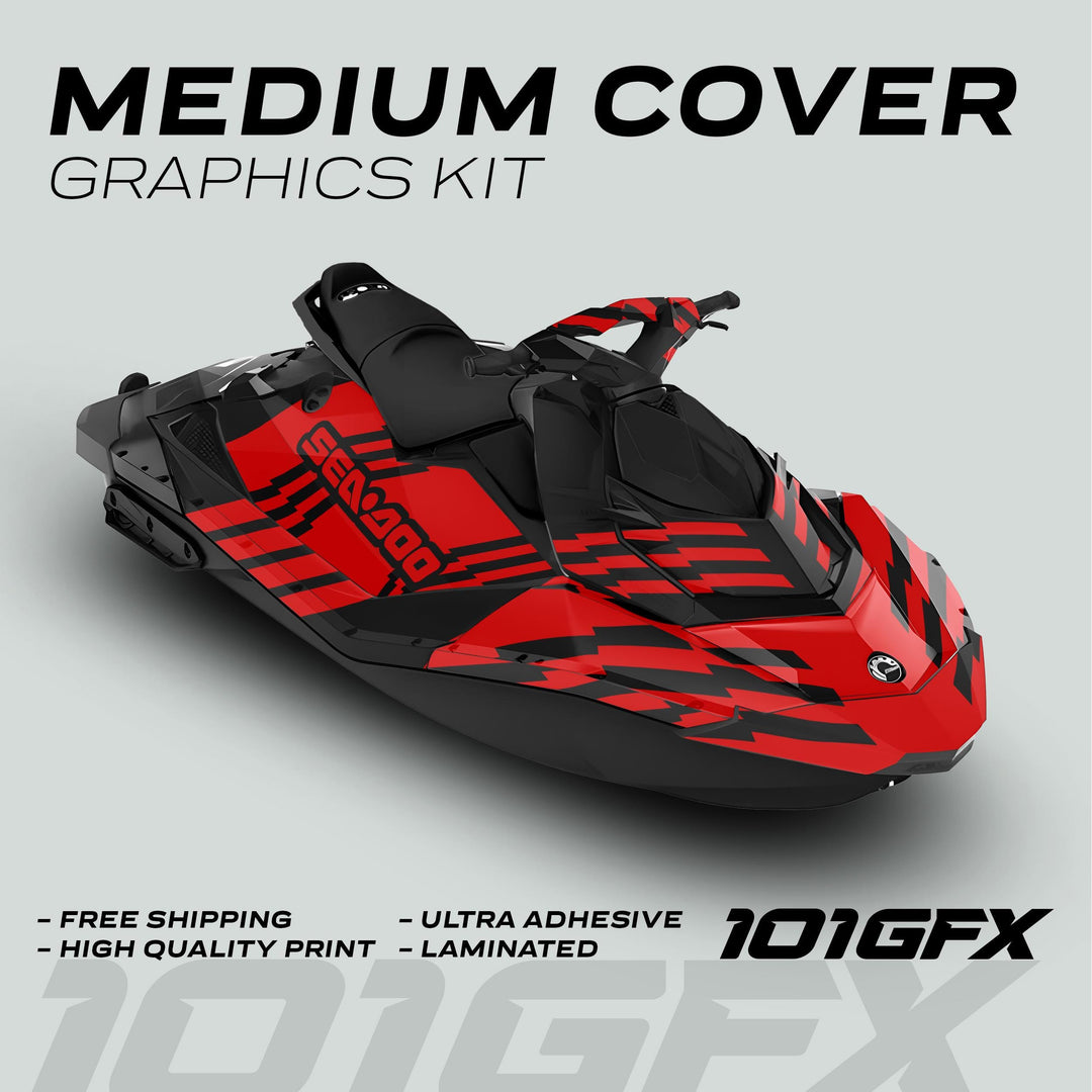 Sea Doo Spark Graphics Kit FAST BLACK RED on jet ski, showcasing bold red-black geometric design. Features free shipping, high-quality print, ultra-adhesive material, lamination.