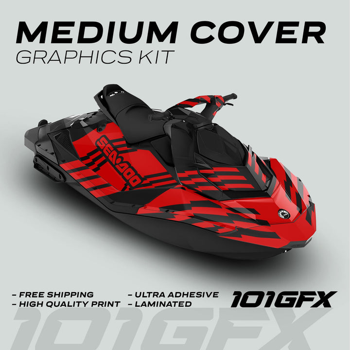 Sea Doo Spark Graphics Kit FAST BLACK RED on jet ski, showcasing bold red-black geometric design. Features free shipping, high-quality print, ultra-adhesive material, lamination.