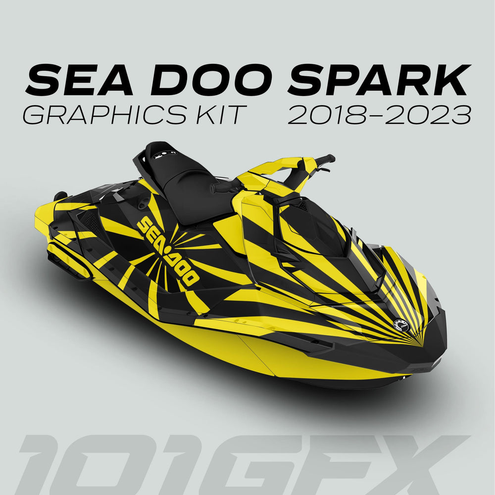 Sea-Doo Spark with RAYS BLACK YELLOW graphics kit, showcasing bold radiating decal stripes and logo, enhancing the watercraft's style and fit.