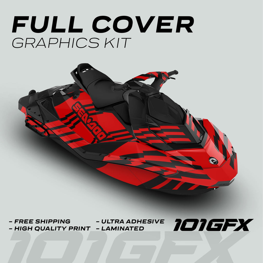 Sea Doo Spark Graphics Kit FAST BLACK RED on a jet ski, featuring bold red wrap with black accents; highlights include free shipping, high quality, ultra adhesive, laminated.