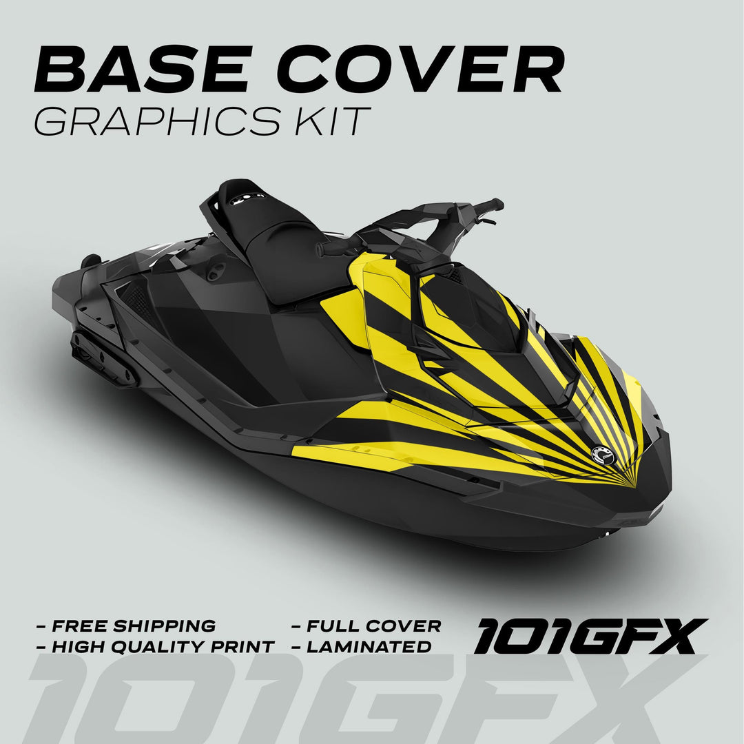 Sea Doo Spark Graphics Kit RAYS BLACK YELLOW on jet ski with black and yellow stripes, featuring Free Shipping, High Quality Print, Full Cover, Laminated, and 101GFX logo.