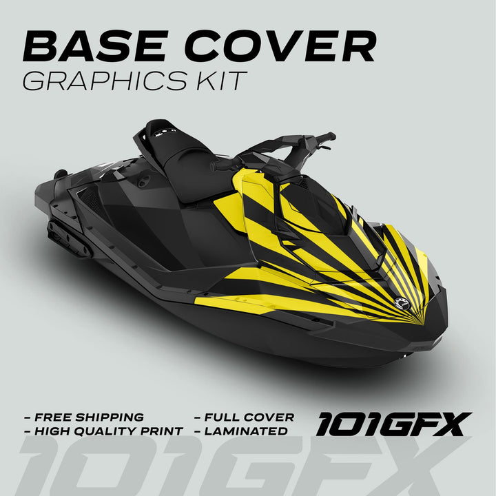 Sea Doo Spark Graphics Kit RAYS BLACK YELLOW on jet ski with black and yellow stripes, featuring Free Shipping, High Quality Print, Full Cover, Laminated, and 101GFX logo.